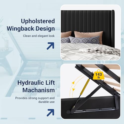Image of Allewie King Size Lift Up Storage Bed Frame Channel Tufted Headboard Black