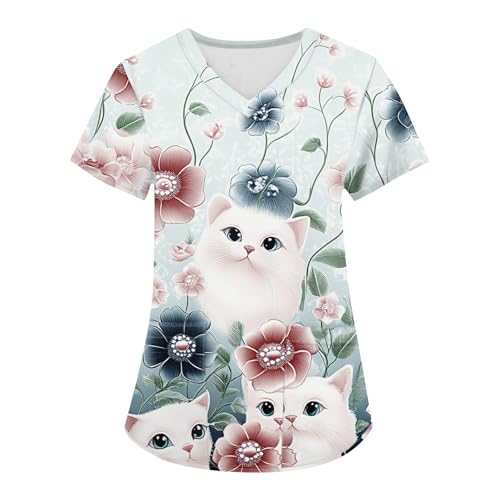 OIOLOYJM Printed Scrub Tops Women V Neck Short Sleeve Plus Size Scrubs for Womens Nursing Uniforms Shirts with Pockets