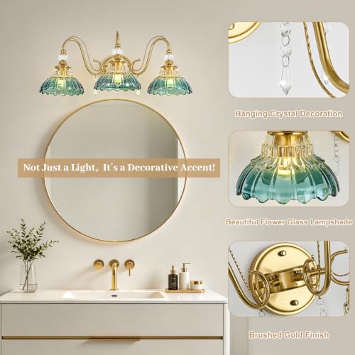 Image of Vintage Bathroom Vanity Light, 3-Light Brushed Gold Finish Wall Sconce with Hanging Crystal Accents and Flower-Shaped Teal Glass Shades, Retro Wall Mount Vanity Light Over Mirror for Bathroom