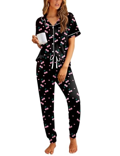 Ekouaer Women Pajama Set Short Sleeve Button Down Pjs Soft Comfy Sleepwear Nightwear with Jogger Pants Black Cherry M