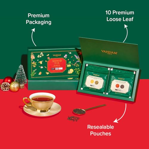 VAHDAM Top 10 Favourites Tea Sampler Set | Loose Leaf Tea (50+ Cups) | Tea Variety Pack with Green, Herbal, Black & Chai Brew | Vacuum Sealed For Freshness | Brew Hot & Cold