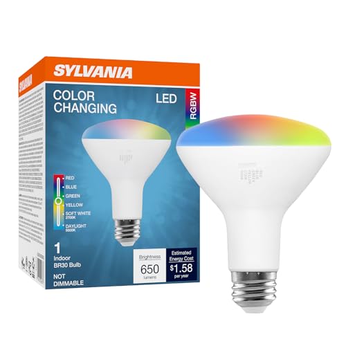 Sylvania LED Color Changing Light Bulb, Red/Blue/Green/Yellow/White, 2700K/5000K, RGBW Colored Light Bulbs, 8W, BR30, E26 Medium Base - 1 Pack (42637)