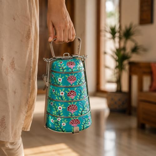 Image of iHandikart Handpainted Decorative Lunch Box Tiffin | Multiple Tier Stainless Steel Food Box | Designer Indian Print Tiffin for School | Diwali Gift, Navratri Gift (Color - Multicolor)