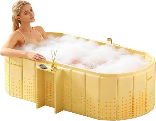 Image of Portable Foldable Adult Bathtub for Home, Large Plastic Soaking Tub with Drain Pipe, Freestanding Spa Bath Tub for Hot & Cold Bath, Balcony & Small Bathroom Use (Golden Glow Bathtub)
