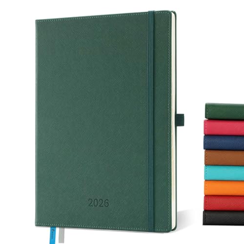 IN-LUXPRO Kalender 2026: A4 Buchkalender 29x21 7cm Terminplaner 1 Woche 2 Seiten 2026 Wochenplaner Notizbuch 12-Monate(Jan.- Dez.) mit 100GSM Papier & Stiftschlaufe PU-Leder Grün
