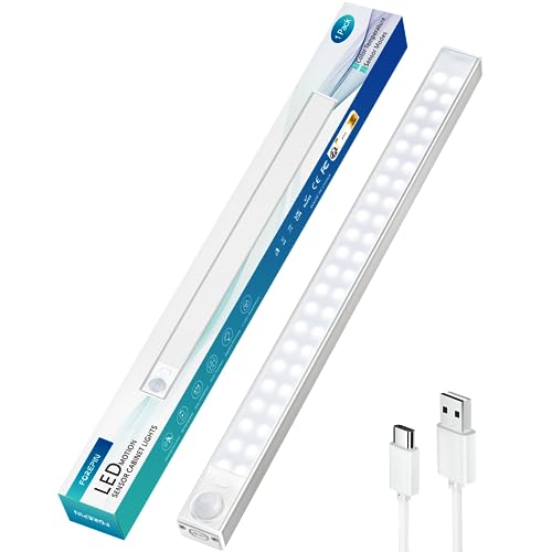 forepin Luz de Armario 88LEDs, 30CM USB-C Recargable 2000mAh Luces con Sensor de Movimiento, Regulable con 3 Colores, Funciona con Pilas, Lámpara Nocturna para Pasillo, Escalerav, Cocina, Garaje