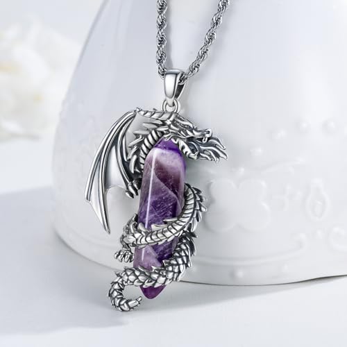 Dragon Necklace for Men Malachite/Obsidian/Amethyst/Lapis Lazuli/Tiger Eye/White Crystal Fire-breathing Dragon Pendant Sterling Silver Medieval Mythic Totem Chain Vintage Animal Jewelry Gifts2