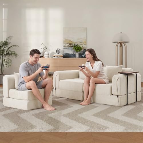 Image of 100 inch Convertible Sofa Bed, 5-in-1 Modular Sectional Cloud Couch with Fixed-Shape Frame & Storage Pocket, No Assembly Required Boneless Sleeper Sofa for Living Room, Chenille Beige