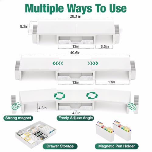Image of OPNICE Desk Organizer and Accessories, Computer Monitor Stand Riser with Drawer and 2 Pen Holders, Laptop Stand, Office Desk Accessories for Office Supplies, White