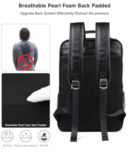 MOYYI Mochila masculina de couro preto à prova d'água, ajuste à prova d'água, mochila para laptop