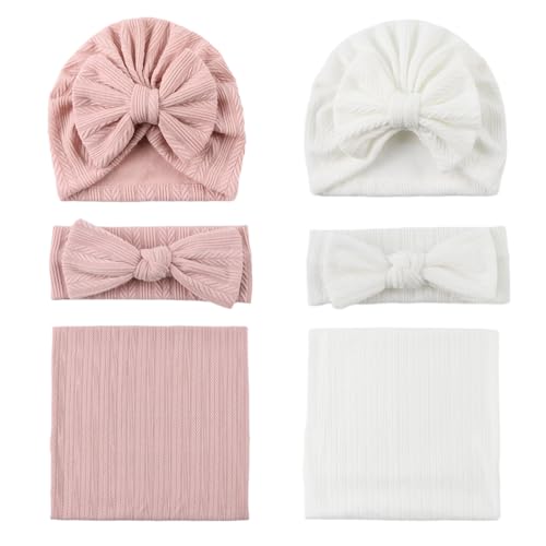 Image of OMUKY Newborn Receiving Blanket Bow Headband and Beanie Set Baby Swaddle Receiving Blankets Baby Boy Girls Nursery Swaddle Wrap(White+Pink)