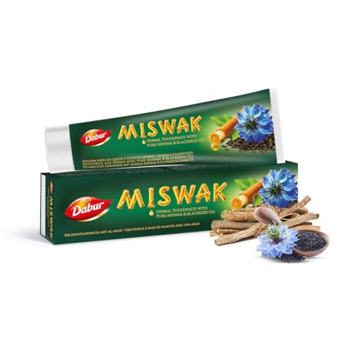 Dabur Miswak Blackseed - Pasta de dientes para encías saludables, pasta de dientes a base de hierbas con extracto puro de Miswak y mezcla de semillas negras, cuidado bucal natural para un aliento
