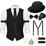 YESSA 1920s Mens Costume,1920 Mens Outfit,Roaring 20s Costumes for Men,1920s Hat Vest Pocket Watch Suspenders Tie