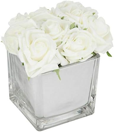 White Roses in Mirror Cube Artificial Plant Flower Ornament Artificial Flowers Hotel Wedding Home Decorative Flower Home Decor Gift