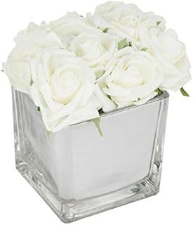 White Roses in Mirror Cube Artificial Plant Flower Ornament Artificial Flowers Hotel Wedding Home Decorative Flower Home Decor Gift