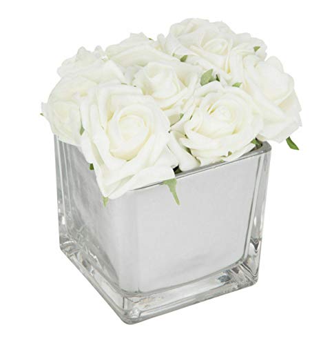White Roses in Mirror Cube Artificial Plant Flower Ornament 