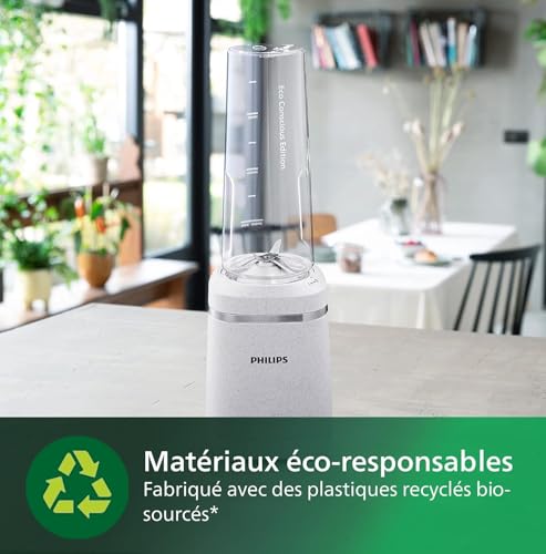 Philips Blender mixeur Série 3000 - Collection Eco Conscious, Technologie ProBlend, gourde de 0.6L Blend&Go, lames en inox, 350W, Plastiques 100% biosourcés, blanc soie mat (HR2500/00)