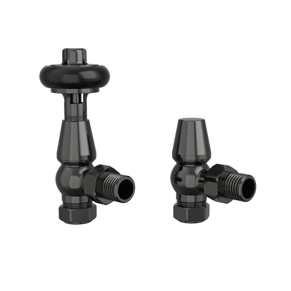Nrg Black Nickel Traditional Antique Angled Central Heating Radiator Valve 15Mm Thermostatic + Lockshield Valve With Black Hand Wheel