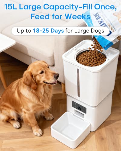 Automatic Dog Feeder Large Breed, 15L/63 Cups Auto Dog Food Dispenser | Anti-Clog Design for 2–23mm Large Kibble, 1080P HD Camera & Night Vision, Easy Setup 5G WiFi App Control for Busy Pet Parents - Image 3