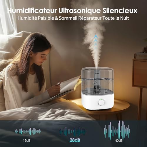 Humidificateur d'air Chambre 5L, Vankarr Ultrasons 28dB Silencieux Humidificateurs d'Air Bébé Top-Fill humidifier d'air pour Chambre Bureau, Enfants et Plantes, BPA Free,Arrêt Automatique – Image 3