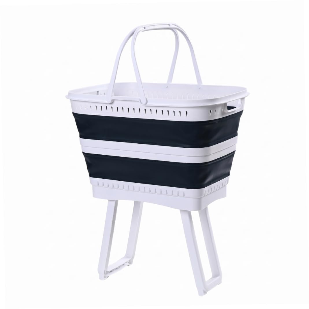 Cesto portabiancheria pieghevole in plastica con gambe, cesto pieghevole di capacità da 26 litri con manici per bagno, camera da letto, cucina, sala giochi, dormitorio, blu scuro.