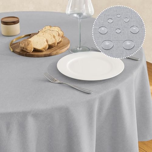 Veblandy Faux Linen Round Tablecloth 60 inch, Table Cloth Wrinkle Free Decorative Fabric Waterproof Table Cover for Dining/Party/Buffet/Wedding, Light Grey