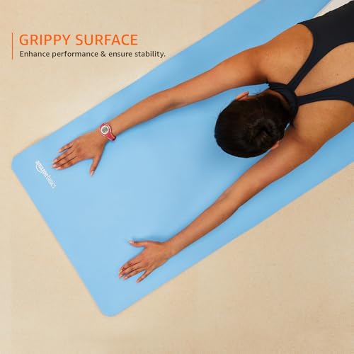 Image of AmazonBasics Dual Colour Reversible Yoga Mat | 6 MM Anti-Slip Thick Mat | Carry Strap | Grippy Surface | TPE & EVA Material | for Men & Women (Dark Blue & Light Blue)