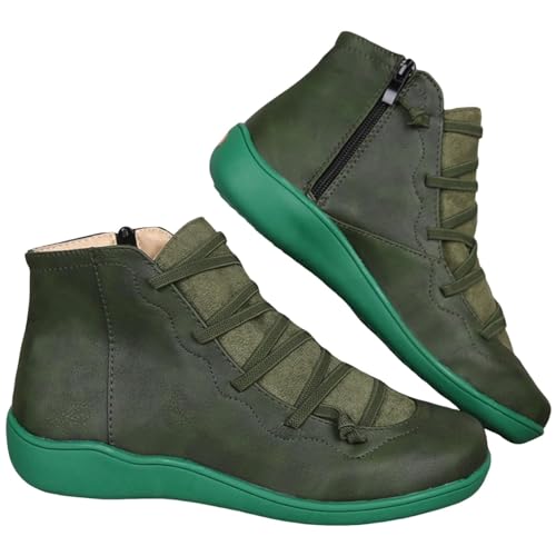 KAJXZ Women's Vintage Ankle Boots Fashion Arch Support No Heel Lace Up Side Zip Up Flat Shoes Fall Winter Retro Leather Booties Comfortable Slip On Casual Short Ankle Booties