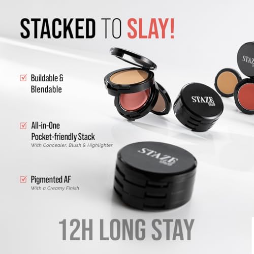 Image of Staze Triple Treat Stacked 3-in-1 Face Palette | Concealer, Blush & Highlighter | Creamy Finish | Highly Pigmented & Blendable | Long-Lasting Full Face Makeup Kit | Travel friendly | 02 It Girl