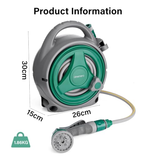 Image of Garden Hose Reel 14M, Compact & Portable Hose Pipe Reel with 7 Adjustable Spray Gun Nozzles, Manual Retractable Garden Water Hose Reel,Outdoor Flexible Hose Reel Set for Garden Patios and Balconies