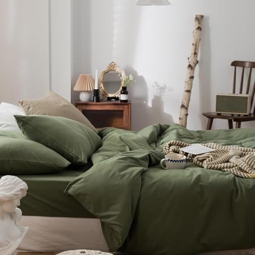 Michorinee Housse de Couette 140x200 Vert Olive Parure de Lit 1 Personne en Microfibre avec...
