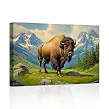 CHAOSETKEN Buffalo Canvas Wall Art American Buffalo Pictures Prints Brown Animal Painting Nature Abstract Wildlife Artwork for Bedroom Decor Framed (Green,28.00' x 42.00')