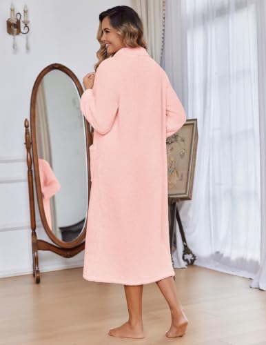 Image of Ekouaer Women Zip Up Robe Fleece Long Sleeves Soft Housecoat with Pockets