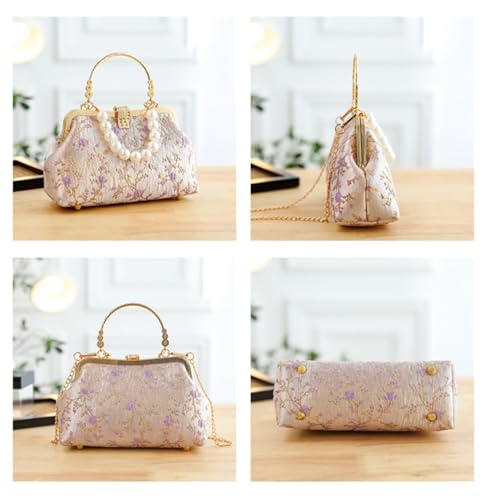 Image of Pearl Evening Bag for Women Lily Pattern Vintage Embroidered Floral Clutch Purse Evening Handbag Shoulder Crossbody Bags