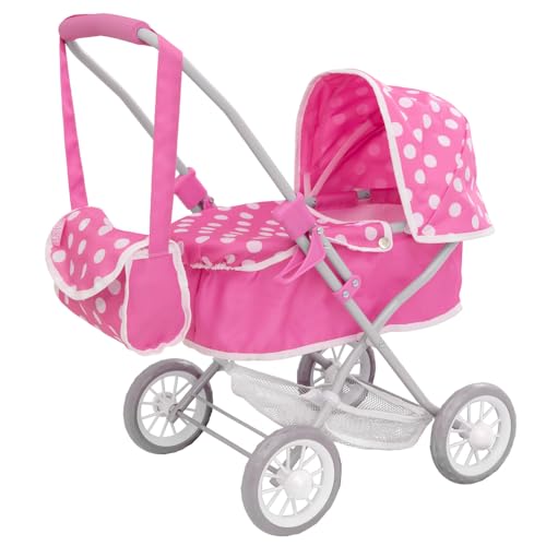 Dolly Tots Cutie Puppenwagen ab 3 Jahren | Klassischer Kinderwagen für Puppen bis 45 cm | Mit Schürze, verstellbarem Verdeck, Einkaufskorb & Wickeltasche | Leicht, klappbar & spielbereit – Bild 3