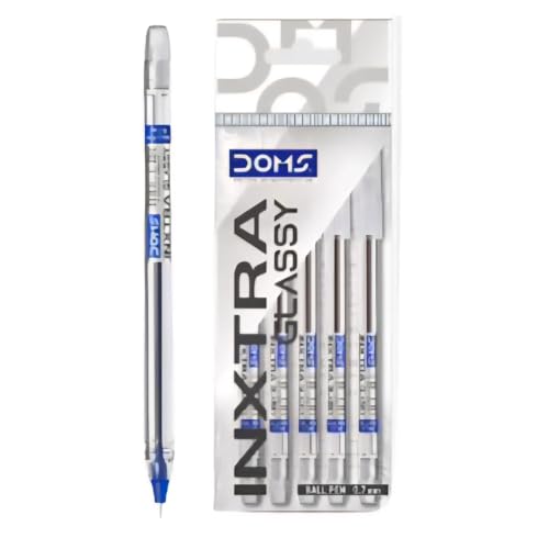 Image of Doms Inxtra Glassy 0.7mm Ballpen-Pack Of 5 Pens | Blue Ink| Transparent Clear Body| Comfortable Grip For Smooth & Long Writing| Non-Fading & Smudge Free, Quick Dry, Lightweight, Pocket Clip