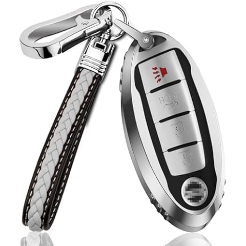 YUBOMT Key Fob Cover for Nissan,Soft TPU Key Shell with Leather Keychain for Altima Rogue Sentra Titan Maxima Pathfinder Murano 370z Accessories,Silver Cover
