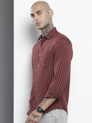 Image of The Indian Garage Co Men Slim Fit Striped Full Sleeves Cutaway Collar Casual Shirt