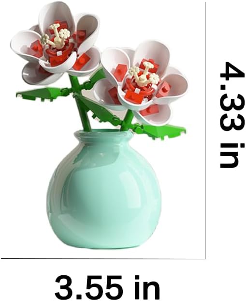 A single assembled mini building block flower in a green vase, with dimensions indicated as 3.55 inches wide and 4.33 inches high.