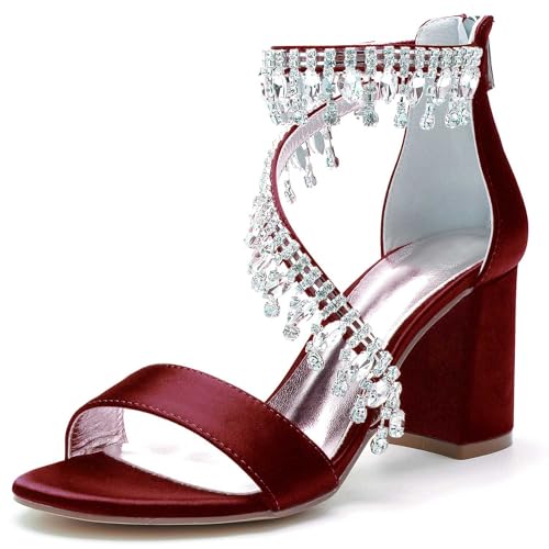 TarfiC Heels for Women Open Toe - Zipper Chunky Heels Dress Shoes for Women 3.14 Inch Rhinestone Wedding Heels for Prom Party Bridal Pump Shoes