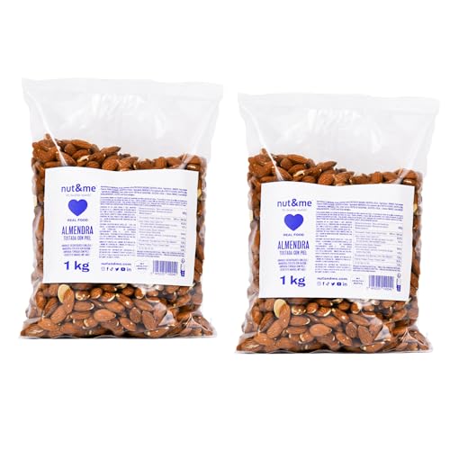 Almendras tostadas naturales sin sal 2 kg nut&me | Sin Gluten - sin aditivos | Keto | Frutos secos saludables | Proteina vegana | Pack 2 x 1 kg