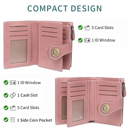 SENDEFN Small Womens Wallet Leather Bifold Card Holder RFID Blocking with Zipper Coin Pocket2