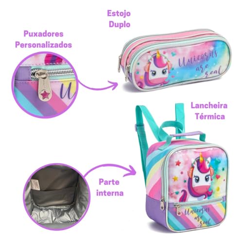 Kit Mochila Rodinha Infantil Feminino Grande Unicornio Menina C/Alça Lancheira Estojo Top