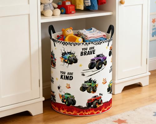 Image of ESSME Laundry Basket,Monster Truck Hamper Collapsible Canvas Storage Bin, Cute Hamper,Gift Baskets(Flame Truck)