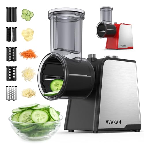 Comparison: Best Cheese Grater Electric 7 VVAKAM Electric Cheese Grater,300W DC Motor Salad Maker,Electric Slicer Shredder with 5 Different Shapes of Blades,Electric Vegetable Cutter for Potato,Carrot,Black