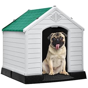 DWVO Large Outdoor Dog House, Plastic Doghouse with Air Vents and Ground Nails, Insulated Water Resistant Puppy Shelter for Small Medium Dogs (28.5”L x 26”W x 28”H, Green)