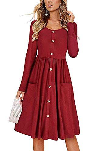 ECHOINE Vintage Burgendy Red Long Sleeve Buttons Down Office Lady Midi Dress