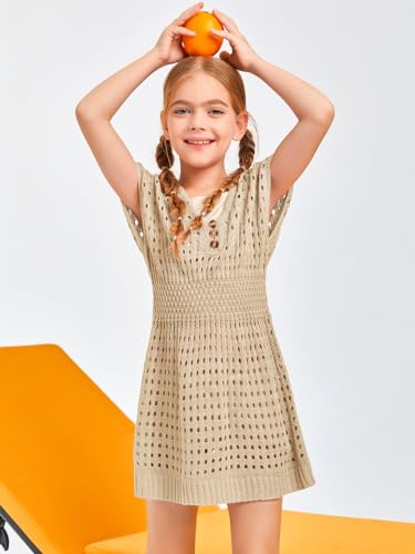 Image of Haloumoning Girls Crochet Swim Beach Cover Up Kids Fashion Button Short Sleeve Swimsuits Cover Ups 5-14 Years