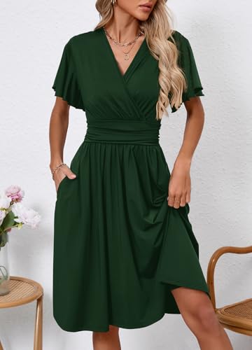 Image of Women's Casual Summer Dress V Neck Short Sleeve Flowy Stretchy Comfort Fit for Daily Wear Work Midi Dresses