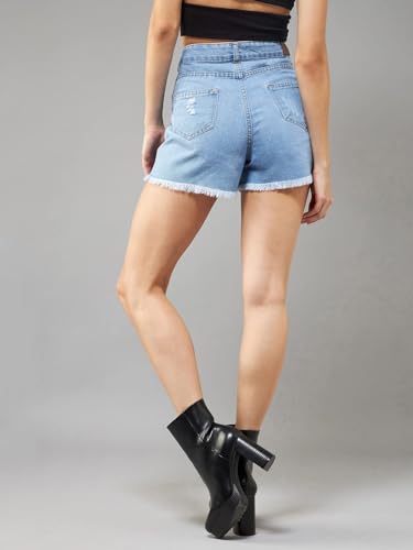 Image of Dolce Crudo Women's Relaxed Fit Mid-Rise Denim Shorts with Adjustable Waist & Frayed Hem